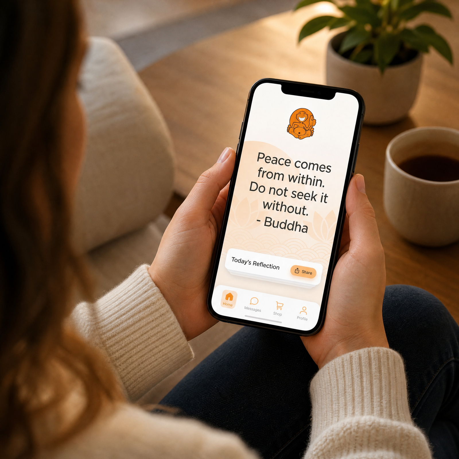 Person holding a phone showing the Buddy Buddha daily quote app